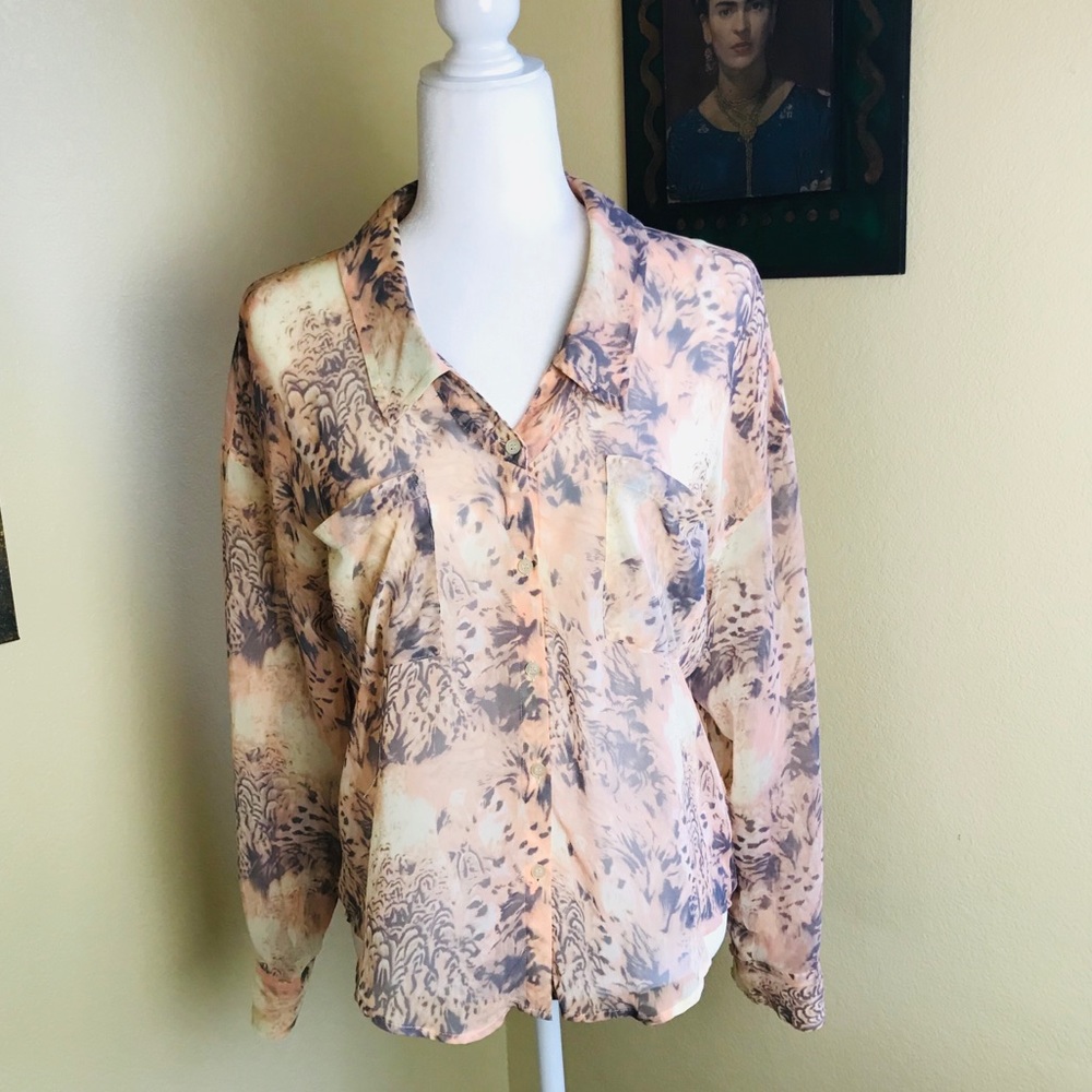 Free people sheer coral & gray patterned button up